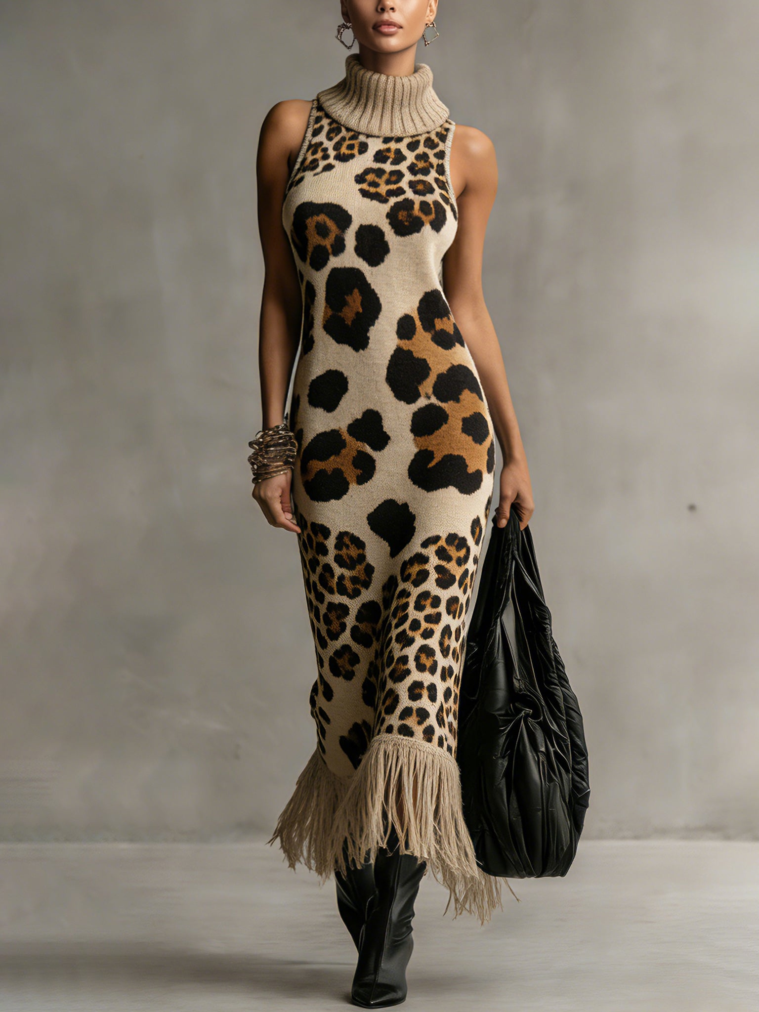 Brown Irregular Leopard Print Knitted Tassel Sleeveless Maxi Dress Brown Irregular Leopard Print Knitted Tassel Sleeveless Maxi Dress