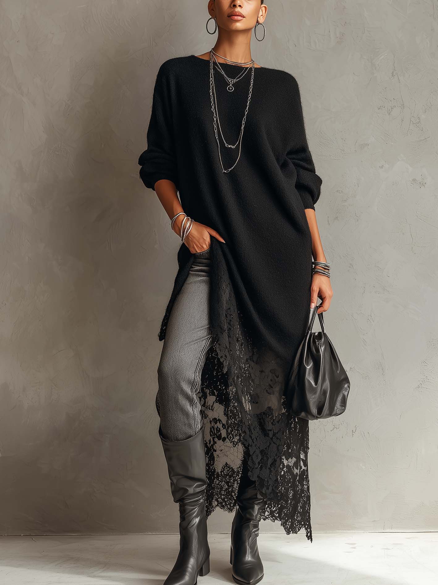 Black Loose Fit Mohair Knit Midi Dress With Lace Hem Black Loose Fit Mohair Knit Midi Dress With Lace Hem