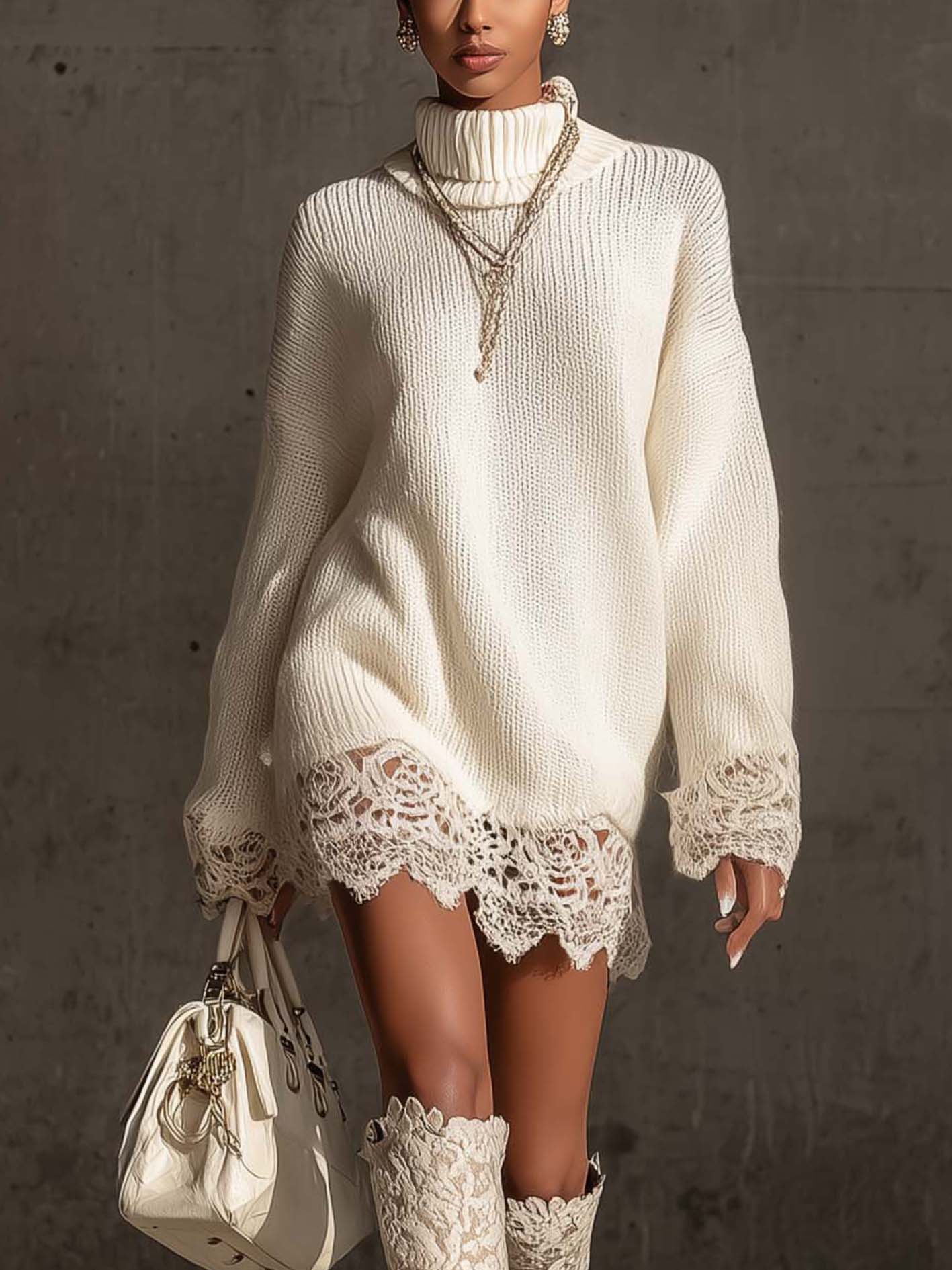 White Turtleneck Knit Mini Dress With Lace Trim White Turtleneck Knit Mini Dress With Lace Trim